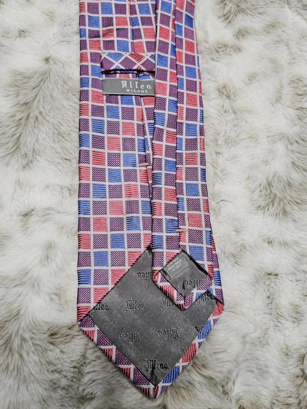 Altea Milano Italy‎ Silk Tie Pink Blue Geometric Check Luxury Necktie